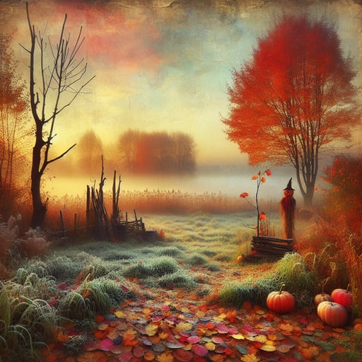 A good morning image portraying a calm autumn morning with vibrant fall colors, pumpkins, and a scarecrow in a foggy field.