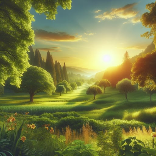 A tranquil good morning image capturing a lush summer landscape, vibrant greenery under a golden sun, creating a serene setting.