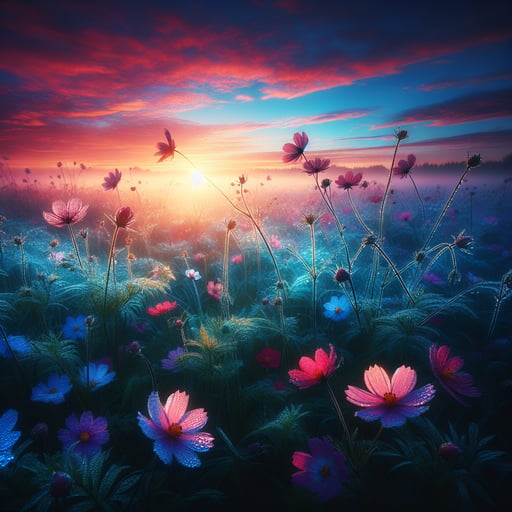 Serene morning landscape with dew-kissed flowers under a soft dawn sky, embodying peace and freshness in a good morning image.