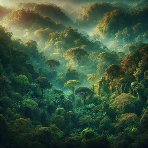 High-resolution good morning image of a lush, dense green forest at morning time, showcasing the beauty of nature without any living beings visible.