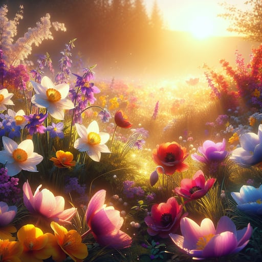 A peaceful good morning image with radiant, multi-colored flowers glowing in the early sunlight, symbolizing new beginnings.