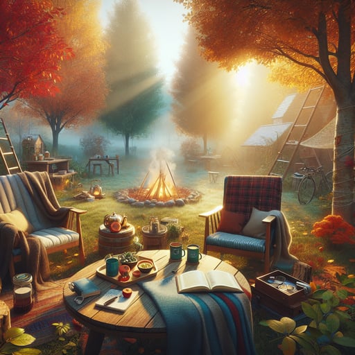 Serene autumn morning with cushioned chairs, a campfire, steaming mugs, and open books amidst colorful foliage and morning mist.