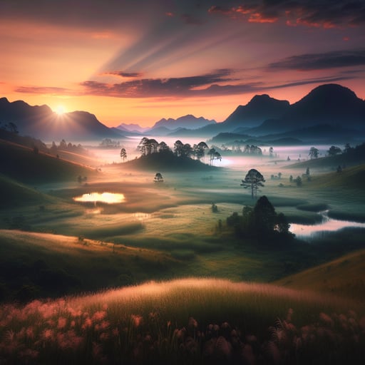 Good morning image of a serene landscape at dawn with peaceful fields, gentle hills, and dewy vegetation.