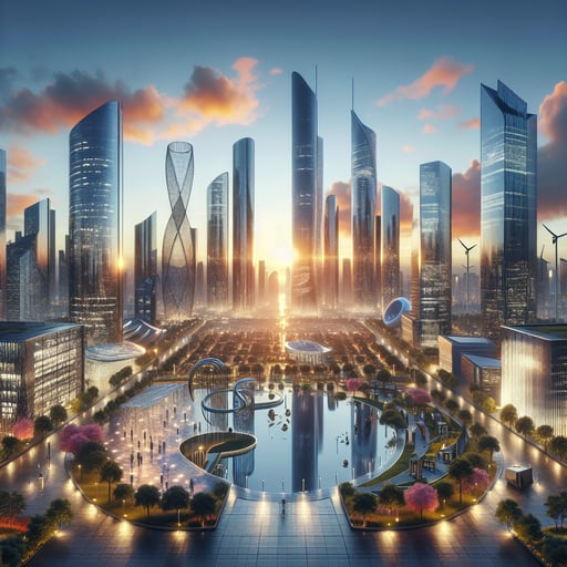 Good morning image depicting a futuristic city at dawn, with renewable energy powered skyscrapers and creative parks.