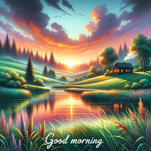 Early morning in the countryside with rolling hills, a radiant sunrise, and a cozy cabin illustrating a good morning image.