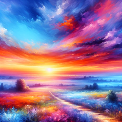 A serene morning scene transitions to a vivid sunset, featuring baby blue skies evolving into a canvas of oranges, purples, and pinks, perfect good morning image.