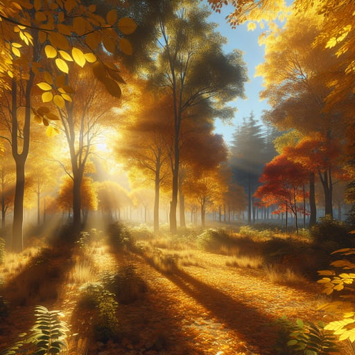 A photorealistic representation of a golden autumn morning with a serene, tree-covered landscape bathed in warm sunlight, devoid of any living beings.