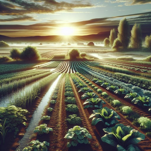Serene sunrise over a flourishing farmland, showcasing diversity in crops and the vibrancy of nature without any human presence, capturing the essence of a peaceful good morning image.