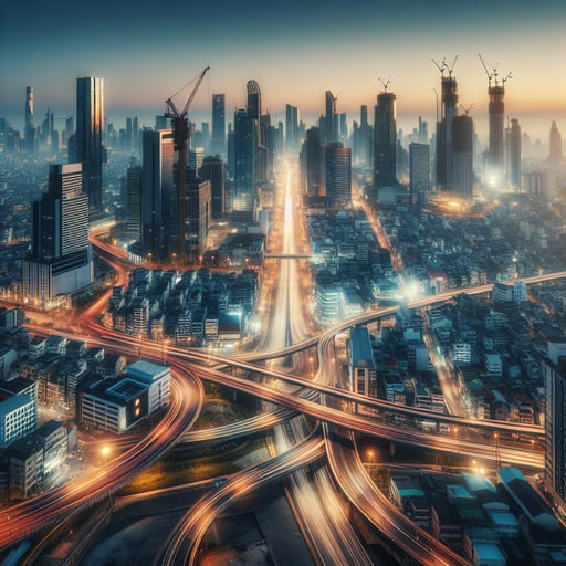 A breathtaking good morning image of a dynamic cityscape at dawn, showcasing diverse architectural styles, glowing streetlights, and ongoing construction.