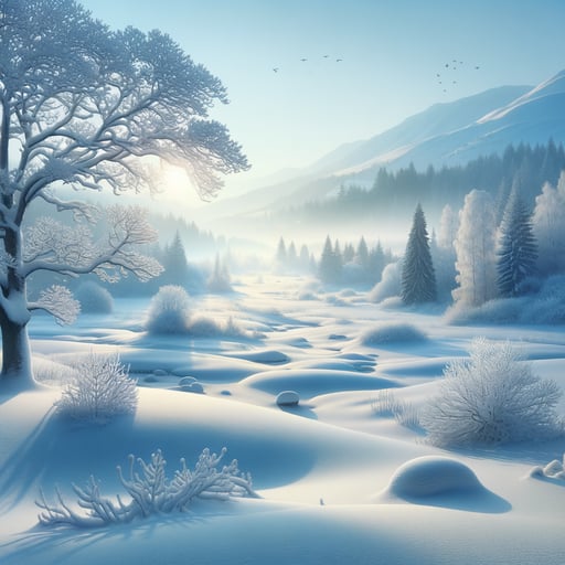 Tranquil winter morning scenery, a blanket of untouched snow covering the landscape, embodying peace. Perfect good morning image.