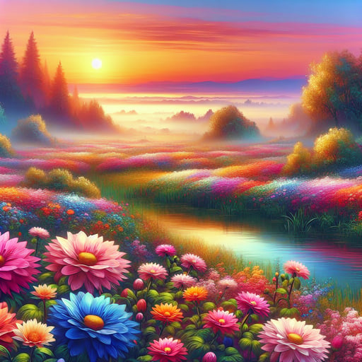 A peaceful good morning image featuring a colorful garden of flowers, under a gentle sun, welcoming the day with vibrant colors.