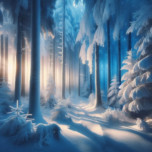 A serene winter forest at dawn, covered in a blanket of snow, representing a peaceful and enchanting good morning image.