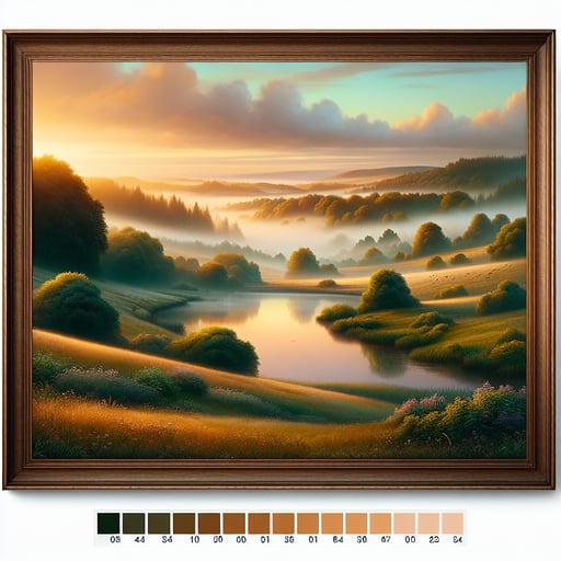 A serene morning landscape with a misty dawn, golden hues over hills, a calm lake, and blooming meadows, creating a perfect good morning image.