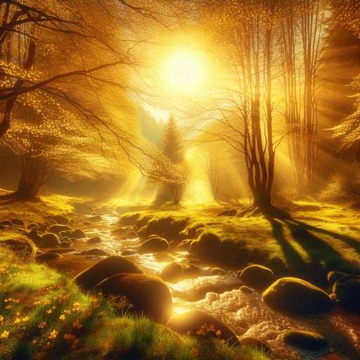 Serene spring morning landscape bathed in golden sunlight, showcasing vibrant blossoms and a quietly shimmering brook, good morning image.