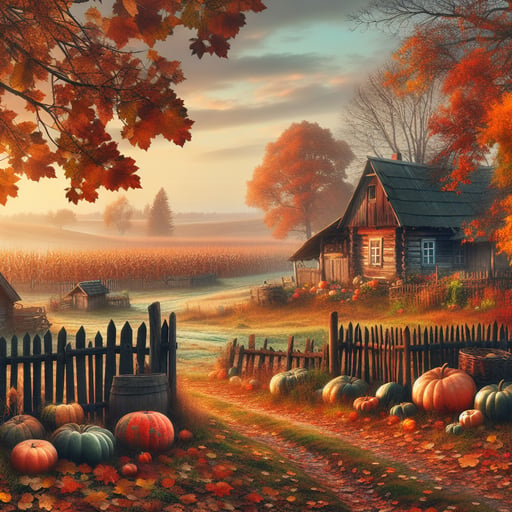 Tranquil morning scene in the countryside with autumn colors and a wooden cottage surrounded by pumpkins, good morning image.