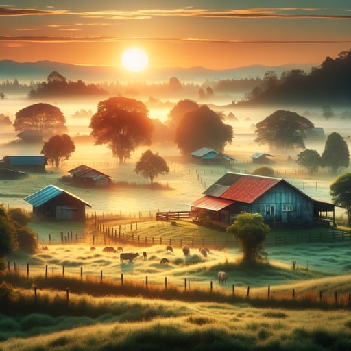 A good morning image of a peaceful farm with fields, trees, and a warm sunrise casting a golden glow on the dew-kissed grass.