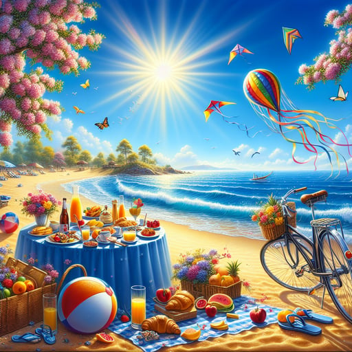 Good morning image of a serene beach breakfast setup with fresh fruits, juice, and a view of kites in the sky.
