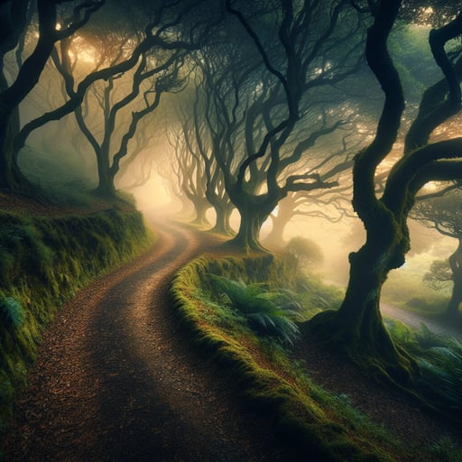 A serene good morning image showcasing a mystical forest path shrouded in early morning mist.