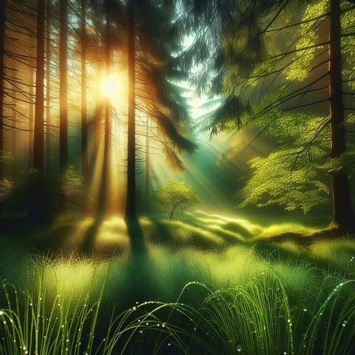 Early morning in a serene forest with sunlight casting golden hues on dewy foliage in this good morning image.
