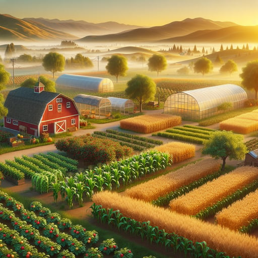 A serene landscape of bountiful farms with corn, wheat, and apple trees under a golden sunrise, with a red barn and greenhouses, surrounded by majestic mountains and morning mist. Perfect good morning image.