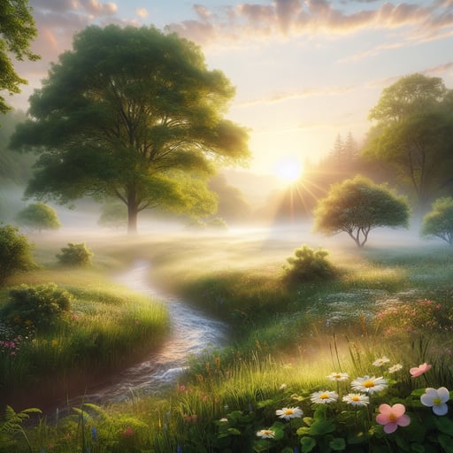 A serene good morning image with dew-kissed grass, blooming flowers, misty stream, and soft golden light.