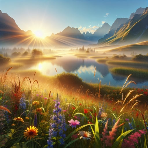 A serene early morning summer scene with dew-kissed grass, colorful wildflowers, majestic mountains in the distance, and a tranquil lake reflecting the blue sky, embodying a perfect good morning image.