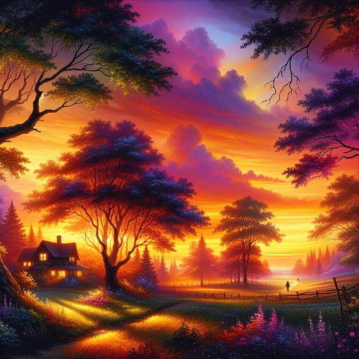An inspiring good morning image, capturing tranquil tree silhouettes against a vibrant sunrise of oranges, pinks, and purples.