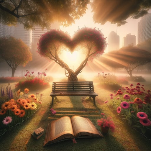 Heartwarming good morning image of an early misty park with sunlight, blooming flowers, and heart-shaped trees.