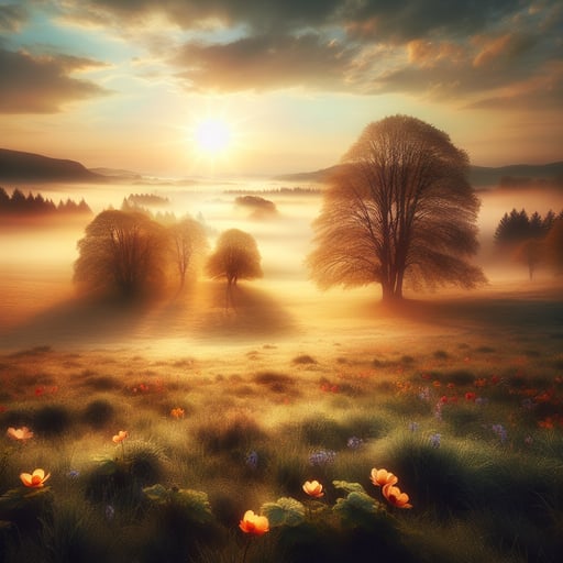 A serene sunrise over a misty meadow, blooming flowers and new leaves on trees, capturing the essence of a good morning image.