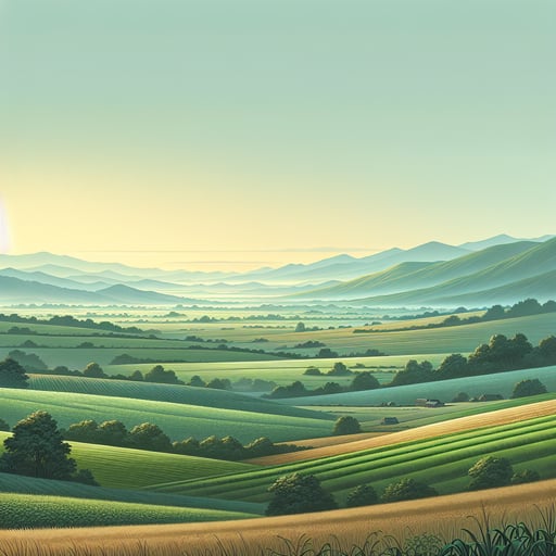 Idyllic countryside vista at dawn with rolling green hills and a sense of peaceful solitude in a good morning image.
