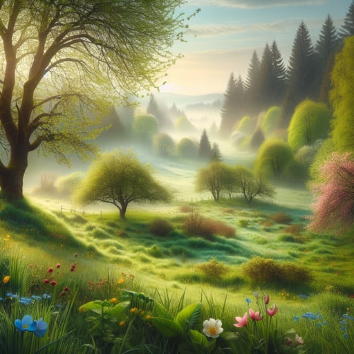 A serene good morning image featuring lush green meadows with dew, vibrant flowers, and a clear sunrise sky.