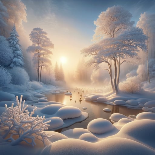 Dawn breaks over a serene snow-covered landscape, embodying peaceful winter solitude in this good morning image.