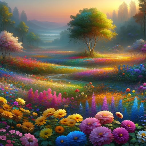 A serene morning landscape brimming with colorful blossoms under a gentle sunrise, perfect as a good morning image