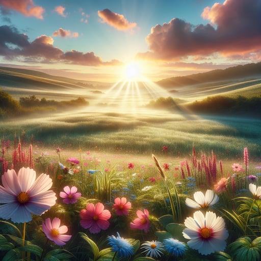 A vibrant and hopeful spring morning scene with sunlight filtering through blooming wildflowers and dewy grass, setting a serene and optimistic good morning image.