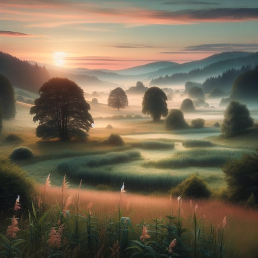 Tranquil early morning countryside landscape with rolling hills, lush greenery, and a soft sunrise painting the sky in hues of pink and gold. No people or animals, just serene beauty for a good morning image.