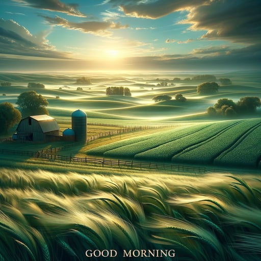 A serene countryside landscape at dawn, featuring green fields under a soft morning light with the text 'Good Morning'.