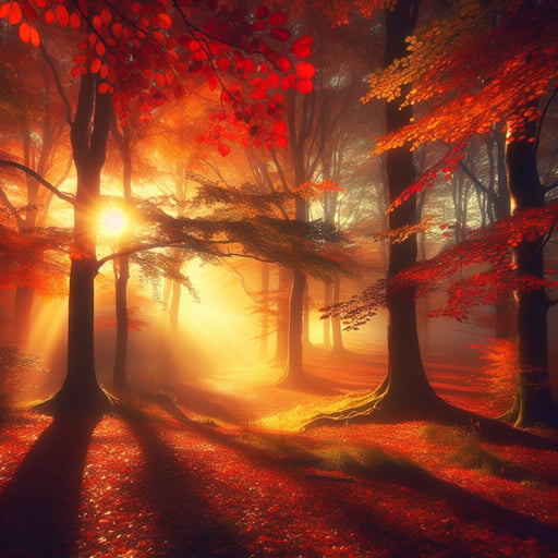 Autumn morning scene with a warm glow, showcasing trees in red, orange, and yellow, and fallen leaves scattered on the ground.