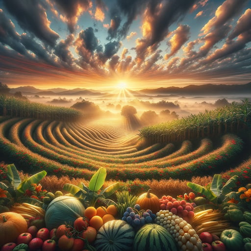 A serene good morning image of bountiful farms at dawn, full of vibrant fruits and vegetables, awaiting the day.