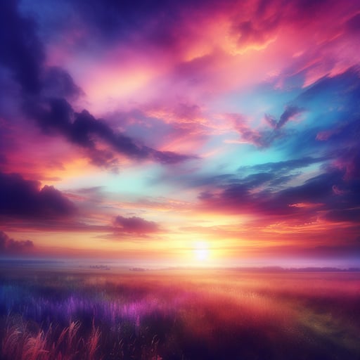 A good morning image showcasing a pristine landscape with a radiant summer sunset, painted in pinks, oranges, purples, and blues.