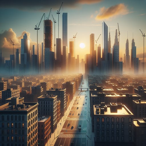 Urban dawn breaks, featuring a blend of old brick buildings and futuristic skyscrapers with construction cranes, capturing a city in evolution - good morning image.