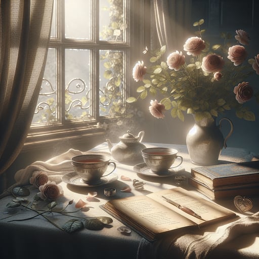 An empty pair of tea cups by a sunny window, with roses nearby, evoke a tender morning without words.