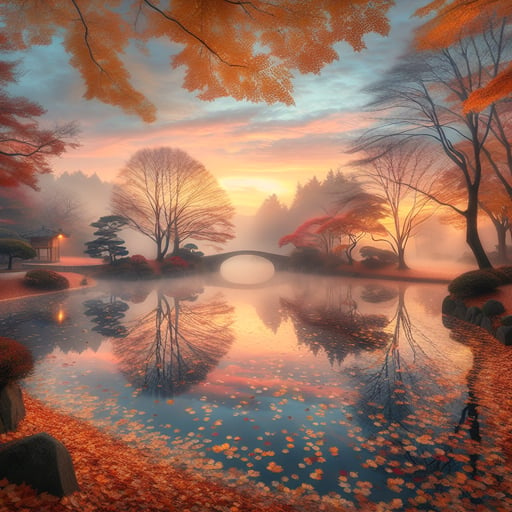 Serene lake reflecting a pastel dawn sky, with a landscape covered with gold, orange, and red leaves under bare tree silhouettes, good morning image.