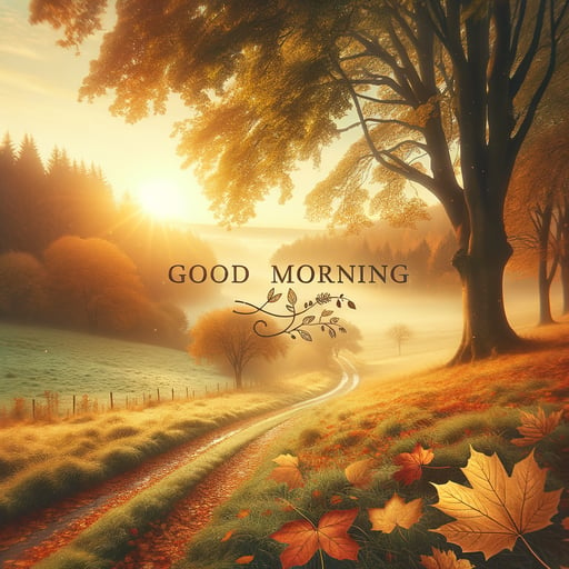 A tranquil good morning image capturing the essence of mellow autumn with golden leaves and a rising sun.