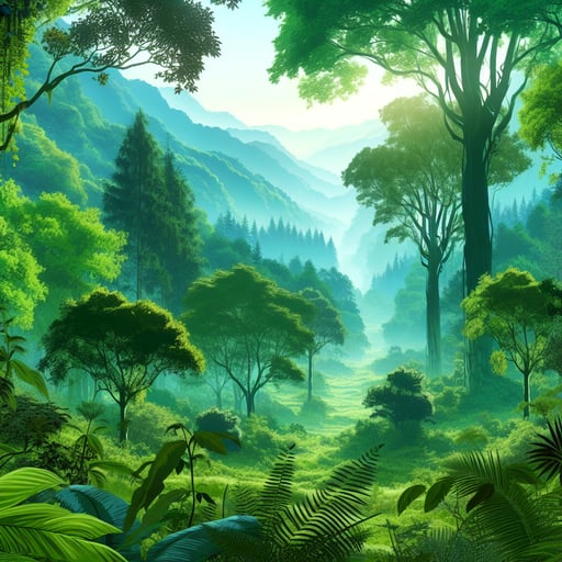 Good morning image of a vibrant, lush forest with a gentle mist, exemplifying the serene and pure essence of nature.