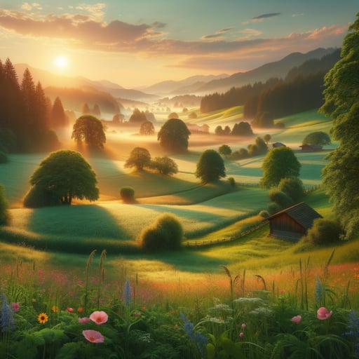 A blissful countryside retreat at sunrise with lush fields and blooming flowers, a quintessential good morning image.