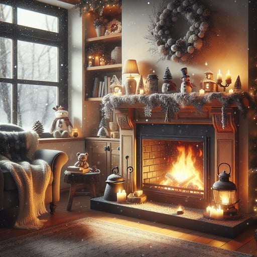 A cozy winter indoor scene with a large fireplace, glowing embers in a kettle, plush chairs with knitted blankets, and falling snow outside, forming a perfect good morning image.