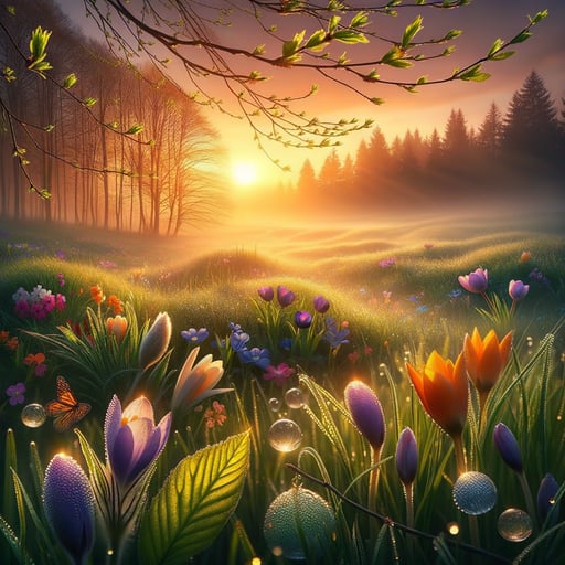 Serene spring morning with new leaves in the breeze, dew on grass, and a sunrise over colorful flowers - perfect good morning image.