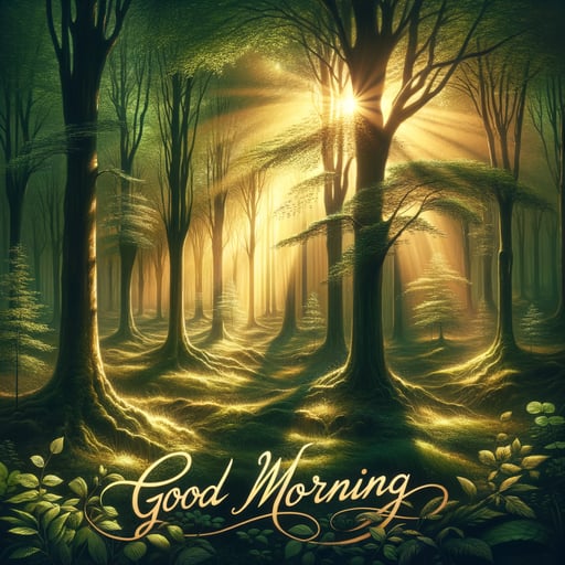 A serene good morning image depicting sunlight filtering through a forest at dawn, without any living beings.