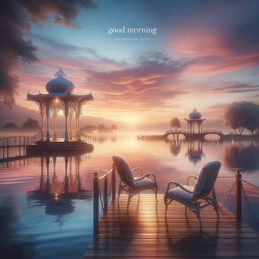 A serene lake at dawn with chairs and a romantic atmosphere, the embodiment of peace in a good morning image.