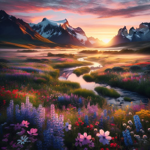 Good morning image of a serene landscape with a sun rising over wildflowers, a reflective brook, and snow-capped mountains.